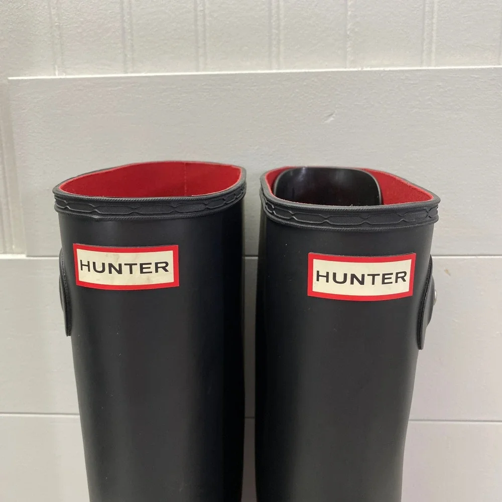 Hunter Original Tall Ribbed Rain Boots Women Size 9 Black White Red Buckle